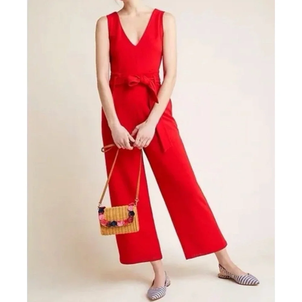 Anthropologie‎ Cathy Tie Waist Structured Jumpsuit, Red,XS - Picture 2 of 12